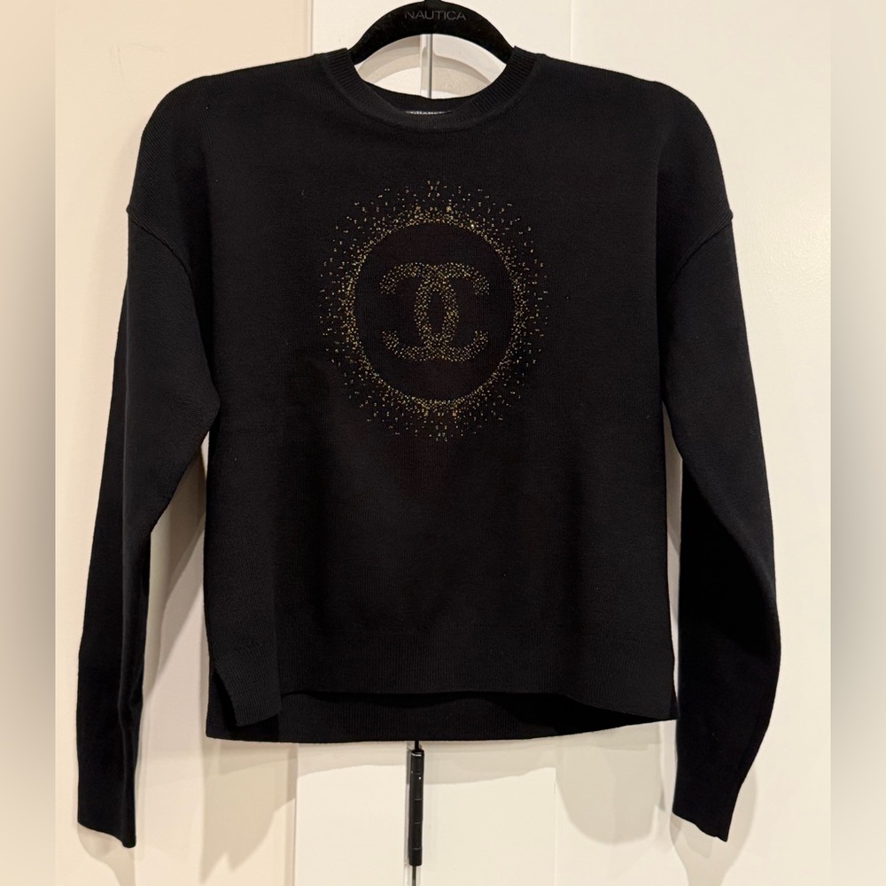 CHANEL Uniform Black Cotton Sweater W Gold Metallic CC Logo Size S designer NEW - Picture 8 of 13